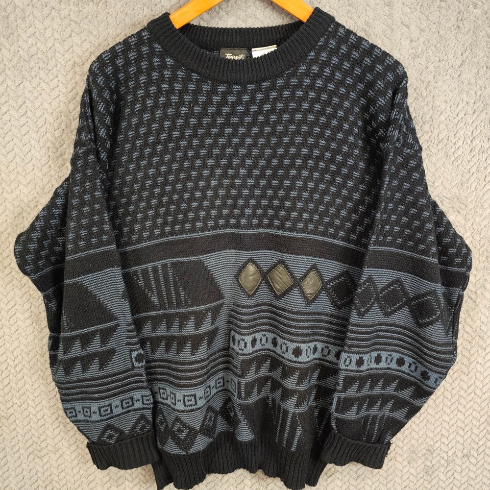 Impact Vintage Mens Large Geometric Tribal Knit Sweater Black Blue Faux‎ Leather